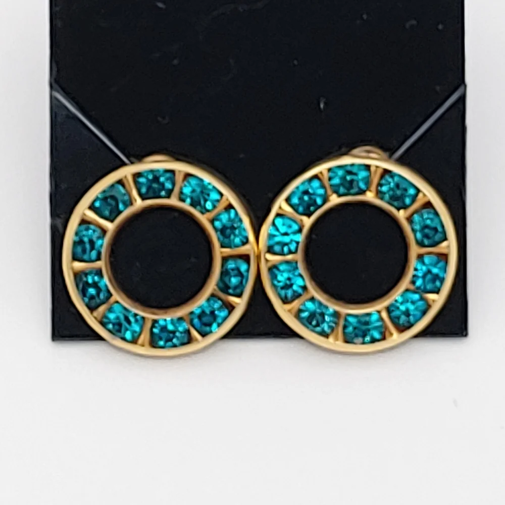 EUC Gold tone and turquoise rhinestones post earrings shaped like wreaths - Picture 2 of 2